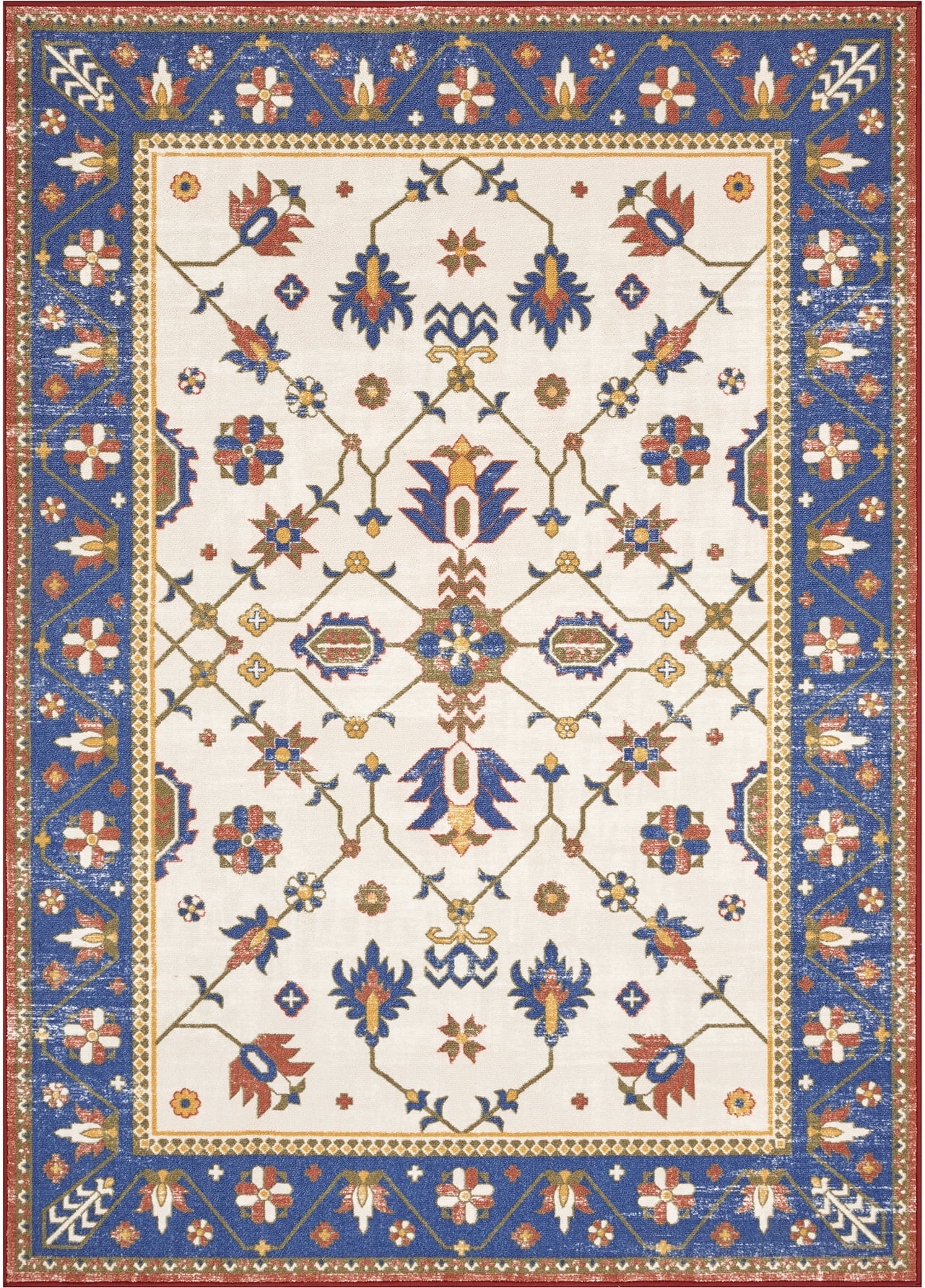 WelHome Machine Washable Rugs 5x7 (60 x 84 inches) Area Rug For Living Room, College Dorm Rugs with Anti-Skid Latex Backing, Traditional Frame, Blue and White Rug